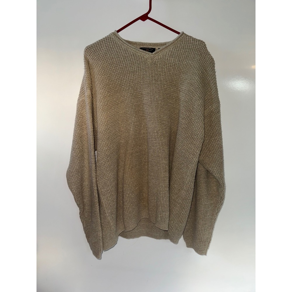 American Eagle Mens Large Beige Knit Sweater Ramie Cotton V-Neck Vintage Style